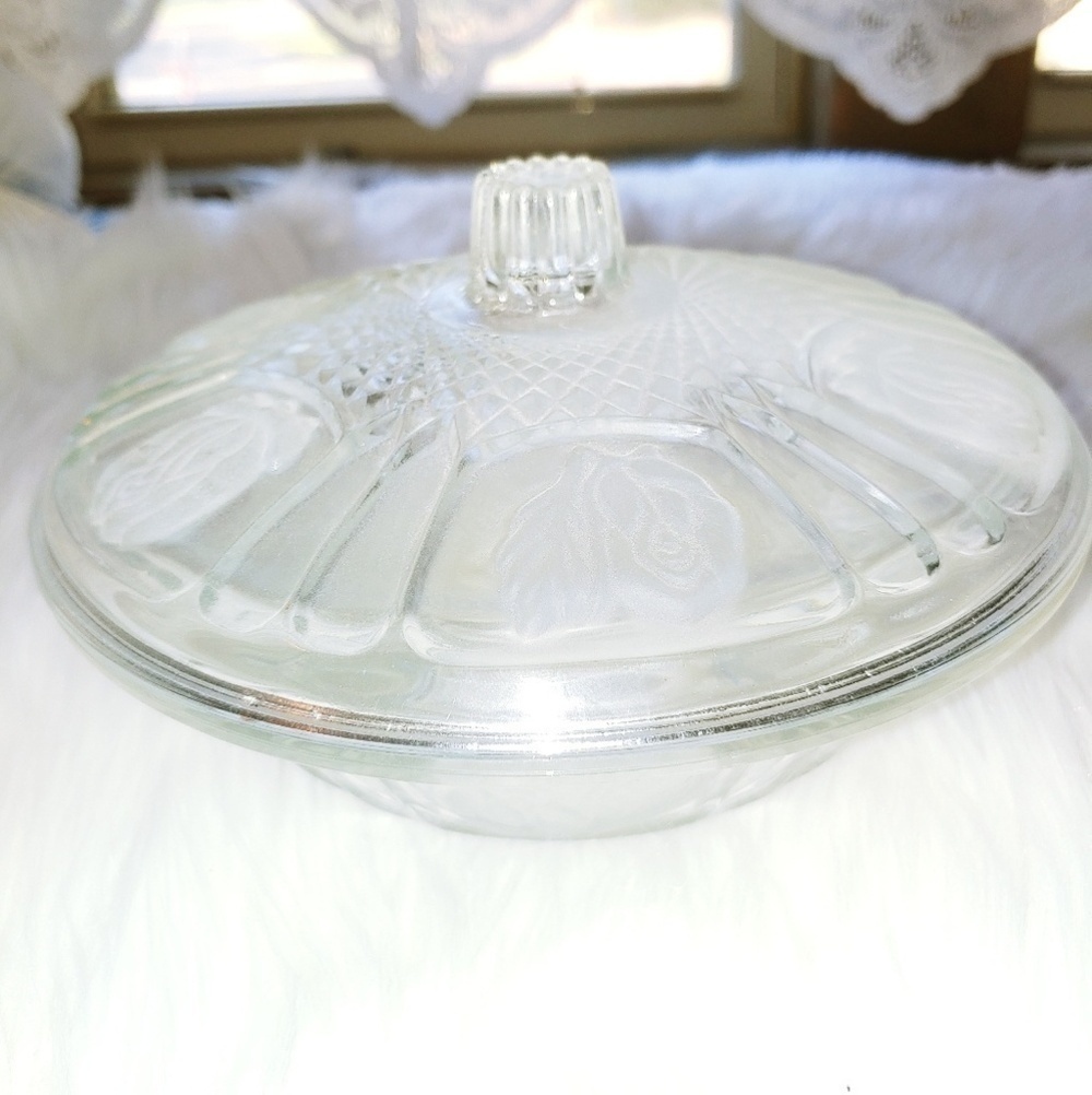 Vintage Clear with Frosted Floral Roses Candy Dish
